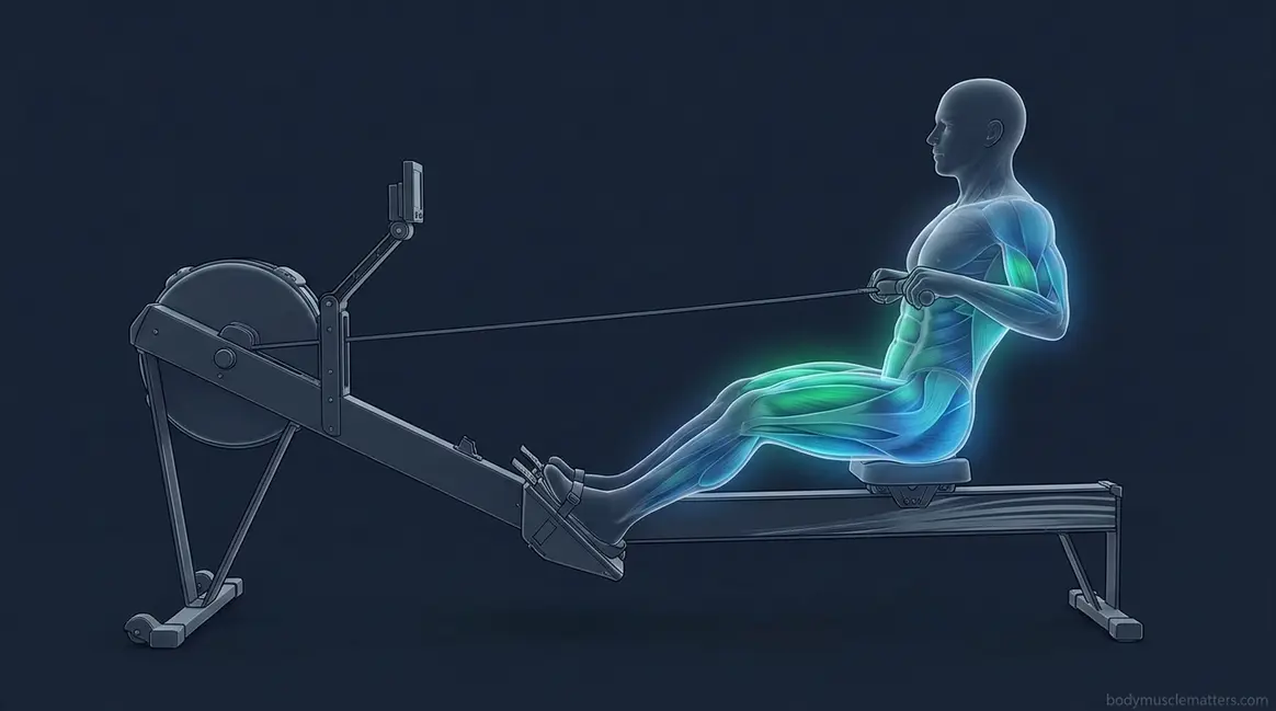 Muscles worked on a rowing machine full body diagram showing all major muscle groups activated