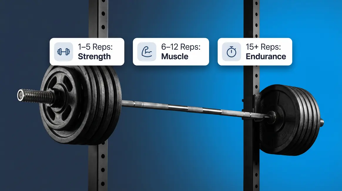 Barbell on squat rack with sets and reps for strength training rep range badges overlay