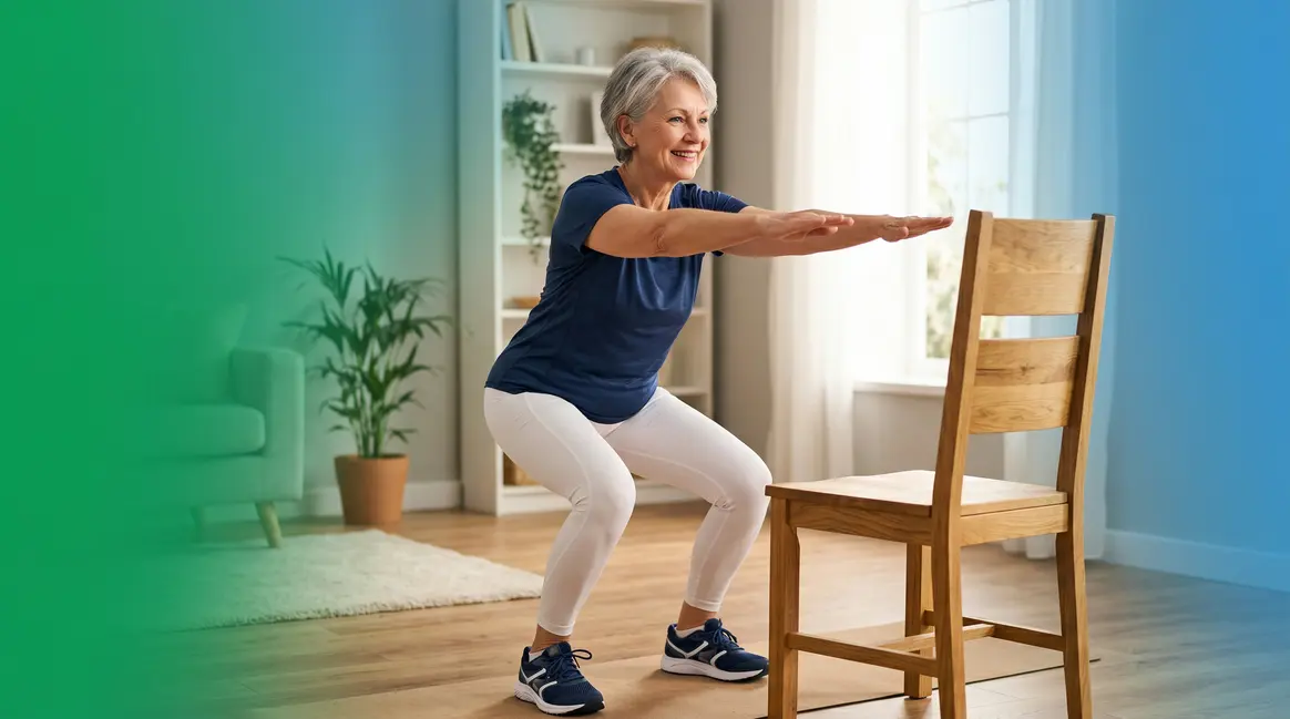 Senior woman doing strength training at home using a chair for safe balance support