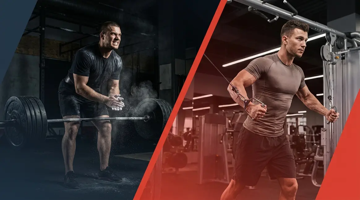 Strength training vs hypertrophy split image showing powerlifter and physique athlete in gym