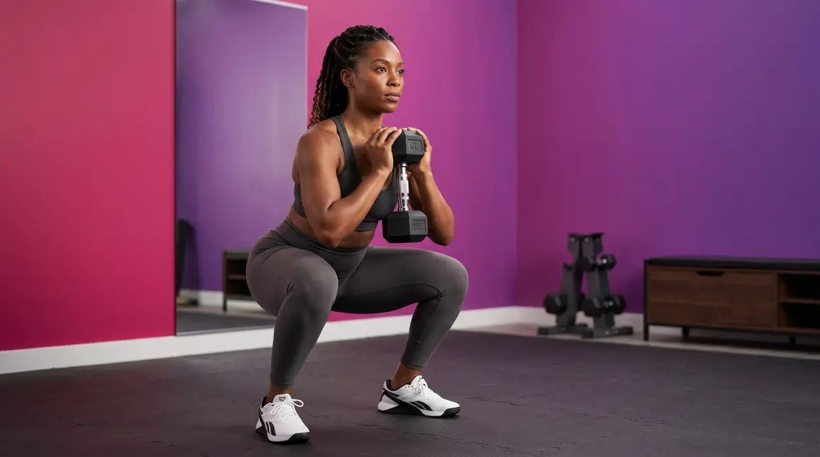 Woman performing goblet squat as part of a beginner strength training workout for women