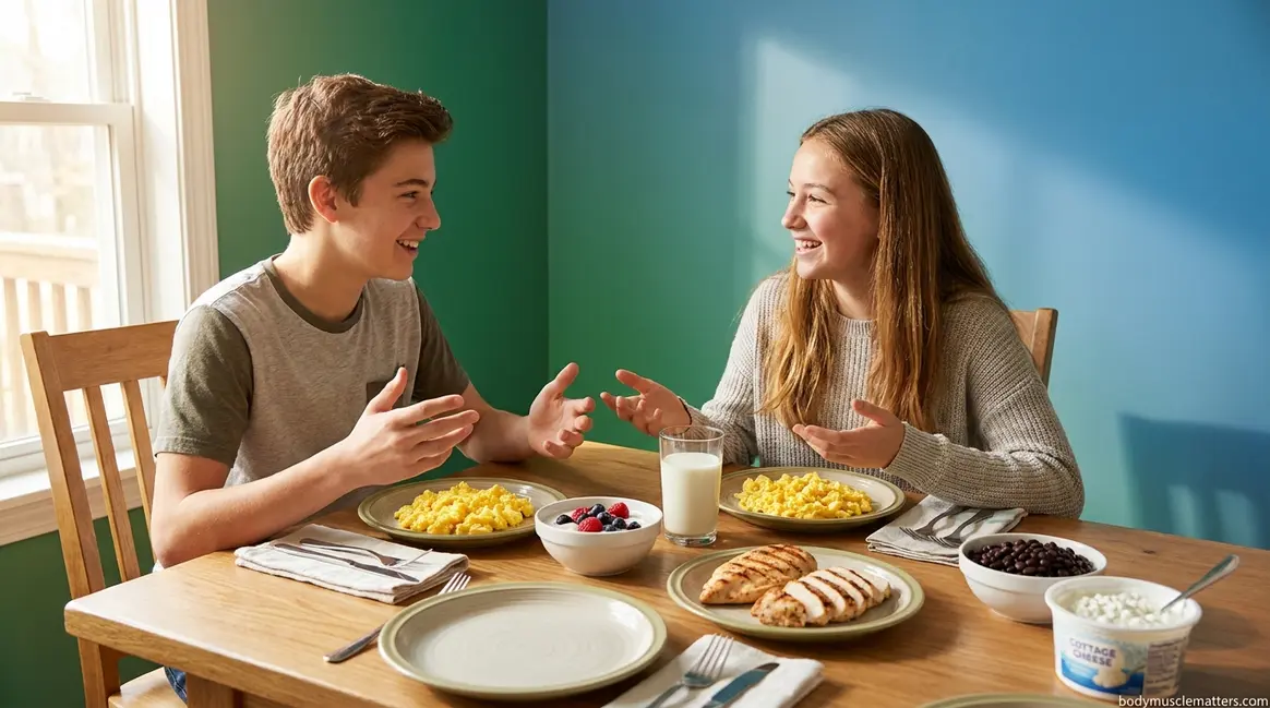Teenagers eating high-protein foods including eggs, chicken, yogurt, and beans at kitchen table