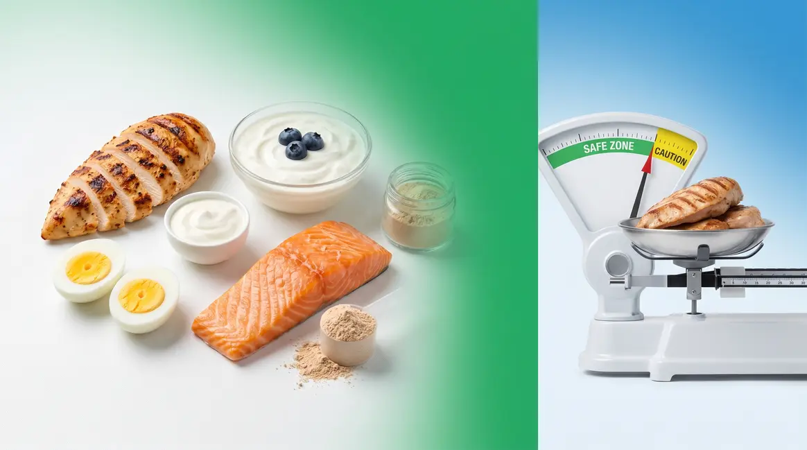 Can you eat too much protein — high protein foods beside a tipping point scale illustration