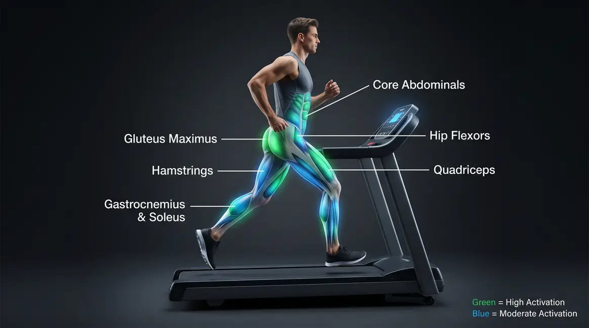 What muscles does a treadmill work — illustrated anatomy guide showing six active muscle groups