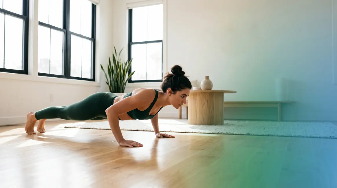 Upper body home workout no equipment — person doing push-up on hardwood floor