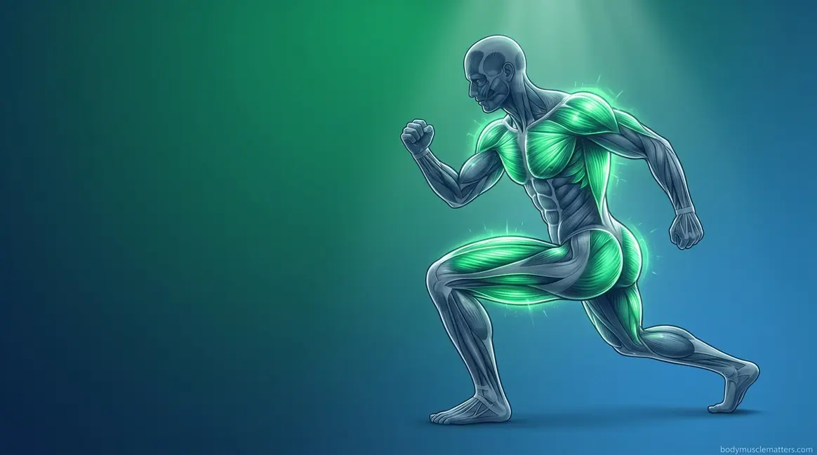 Anatomical illustration showing which muscles grow fastest including quads glutes lats chest and deltoids highlighted in green