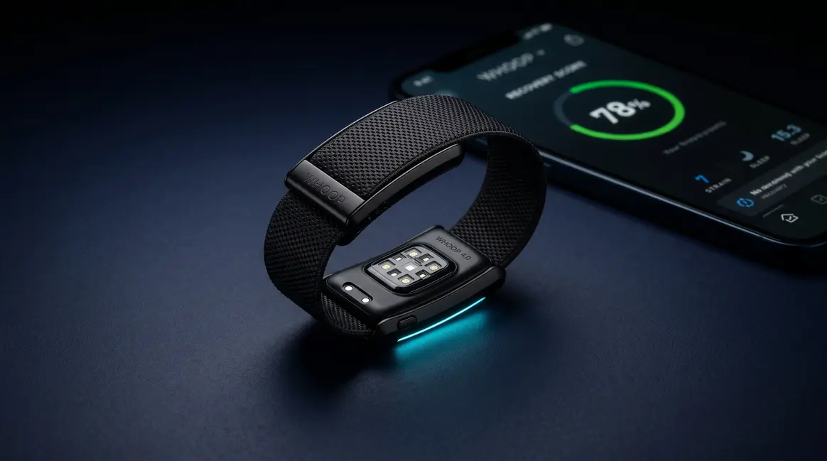 Whoop 4.0 review — black fitness tracker band with glowing sensor on dark background