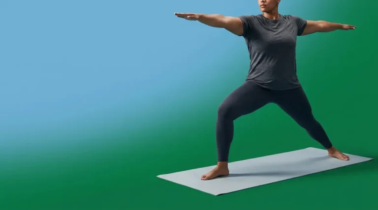 Person performing Warrior II yoga pose demonstrating science-backed benefits of yoga for fitness