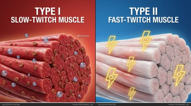 Fast twitch vs slow twitch muscle fibers split diagram showing red Type I and pale Type II fiber cross-sections