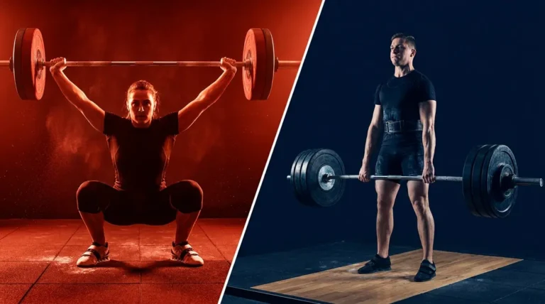 Olympic weightlifting vs powerlifting athlete split-screen comparison showing snatch and deadlift