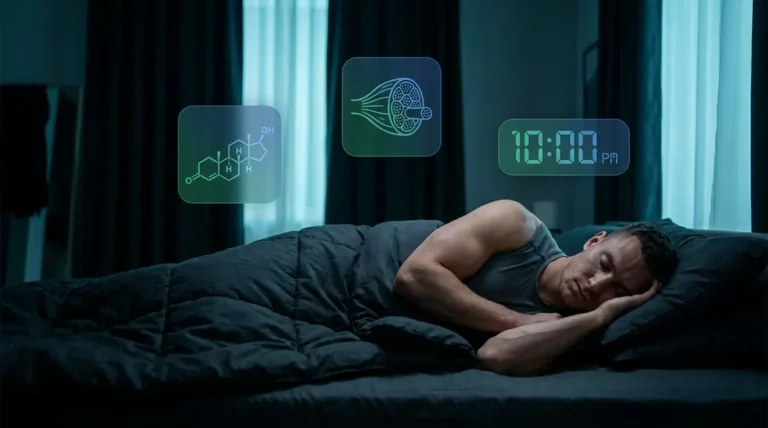 How sleep affects muscle growth and recovery — athlete sleeping with HGH and muscle repair icons