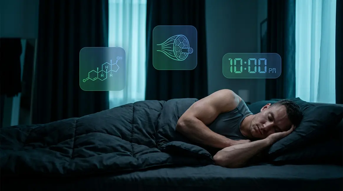 How sleep affects muscle growth and recovery — athlete sleeping with HGH and muscle repair icons