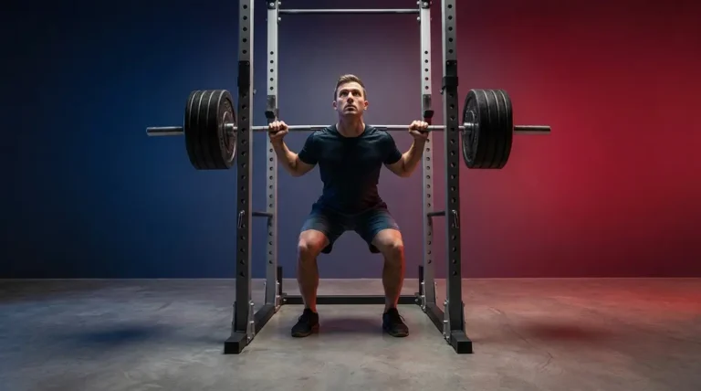 Beginner lifter setting up under a barbell for the StrongLifts 5x5 programme in a power rack