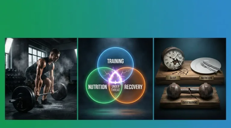 What kills muscle gains — three-pillar infographic showing training nutrition and recovery saboteurs