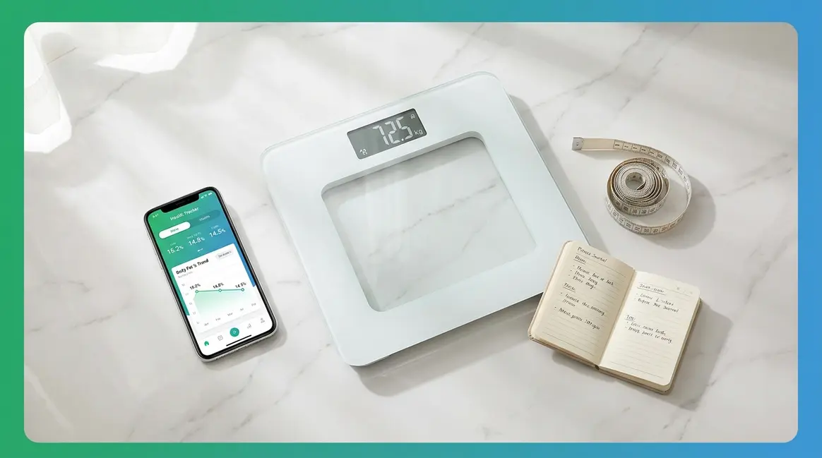 Arboleaf smart scale review showing body composition tracking app on smartphone beside scale