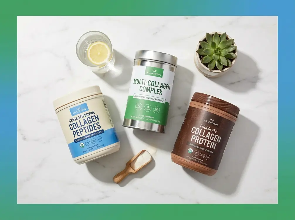Best collagen protein powder options arranged as a flat lay on marble with supplement scoops