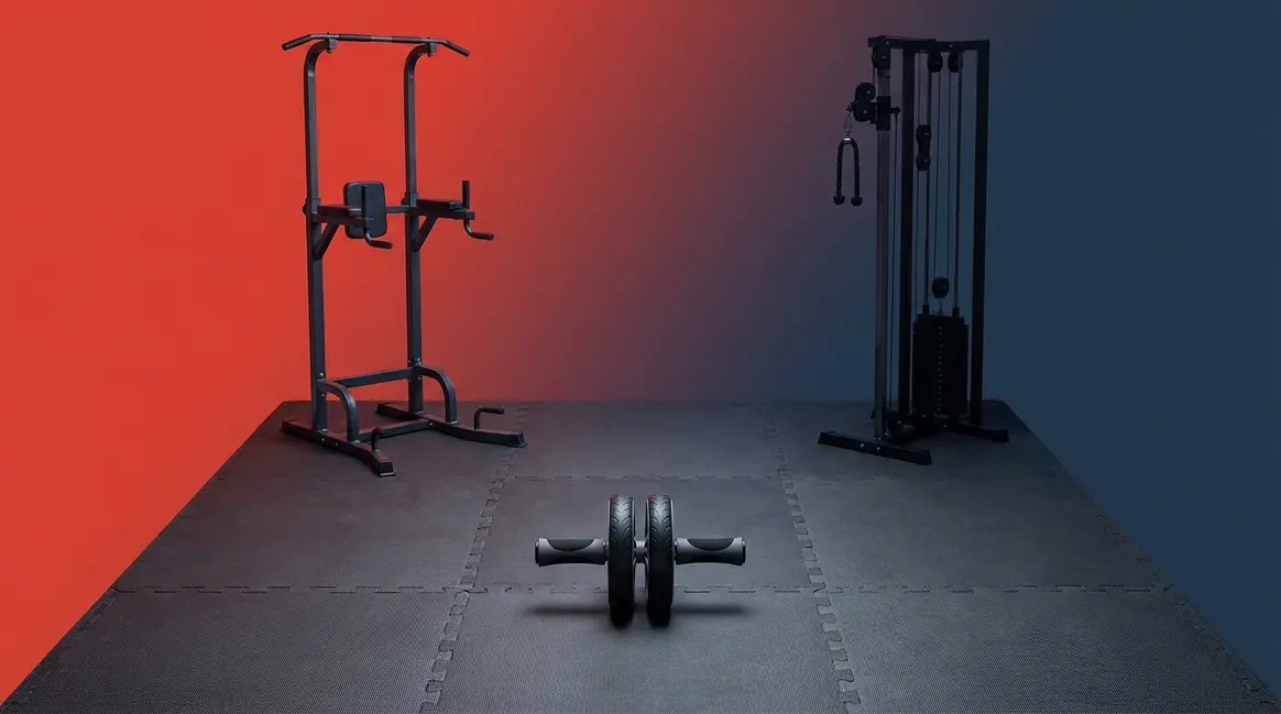 Best home gym equipment lineup including power tower, cable machine, and ab roller on gym floor
