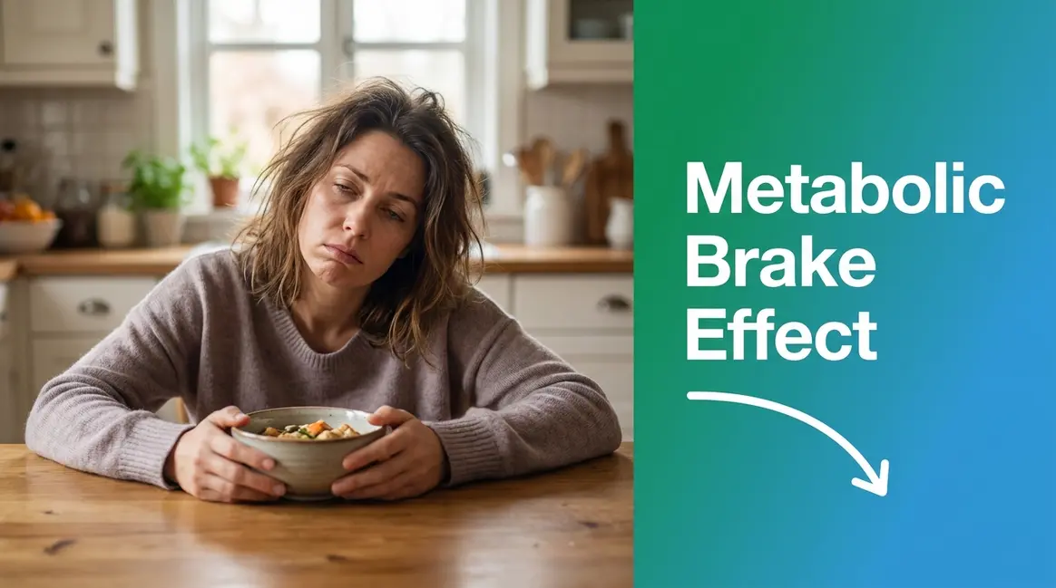 Woman showing signs of calorie deficit too large — fatigue and metabolic slowdown illustrated