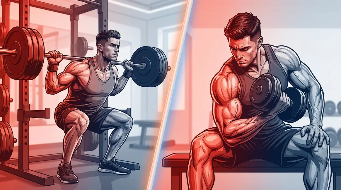 Compound vs isolation exercises comparison showing barbell squat and bicep curl side by side