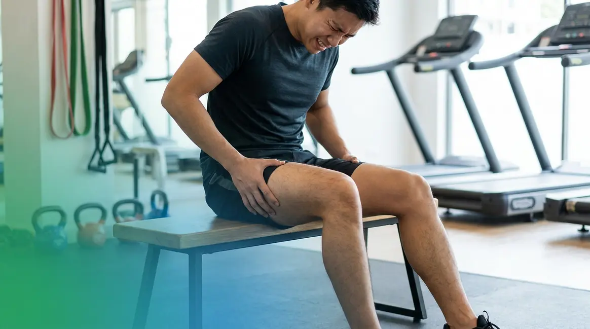 Person experiencing delayed onset muscle soreness DOMS after intense leg day workout in gym
