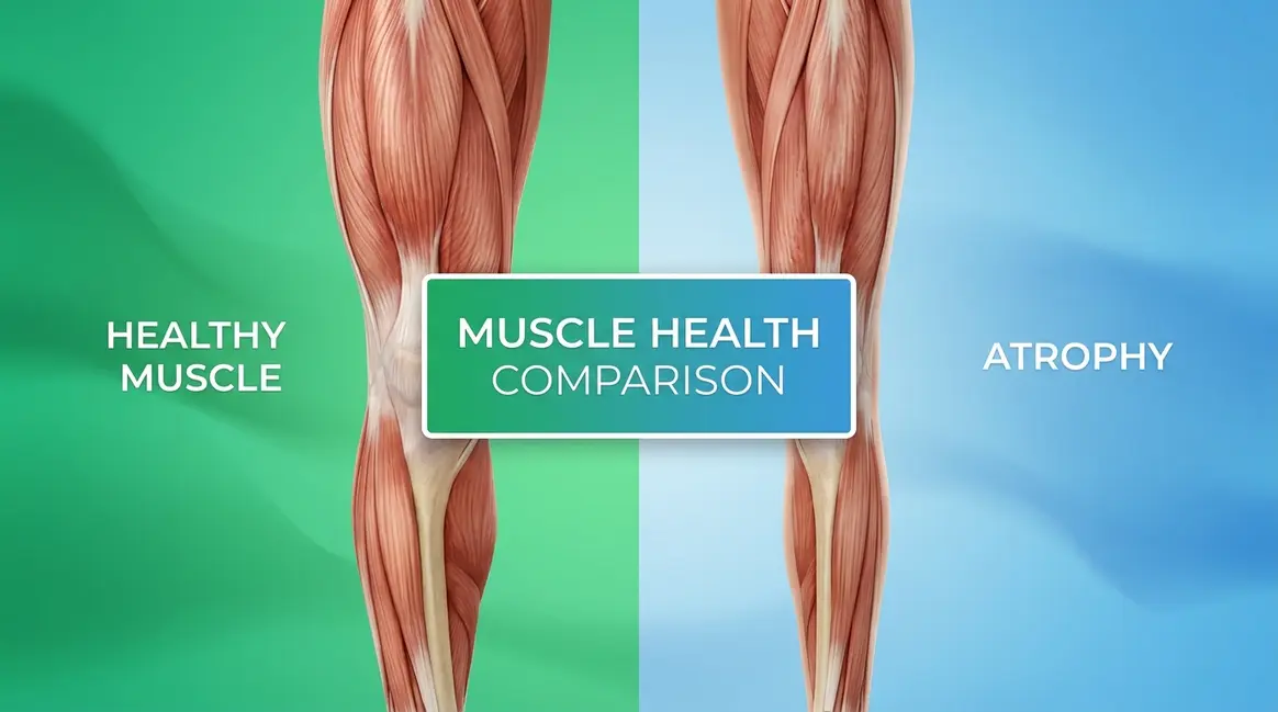 Muscle atrophy comparison showing healthy versus atrophied leg muscle with visible size difference