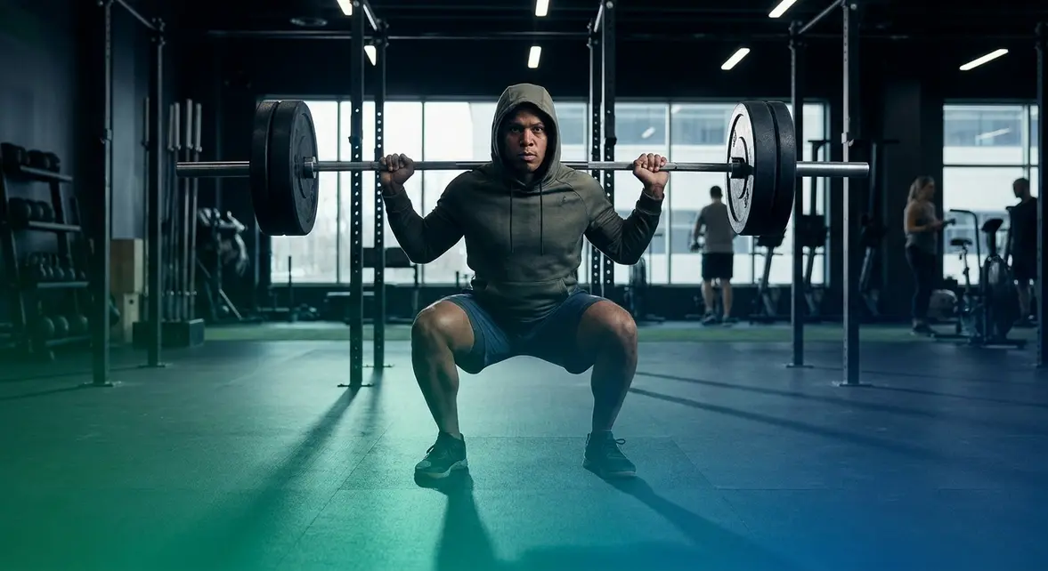 Progressive overload guide — athlete performing barbell squat in modern gym setting