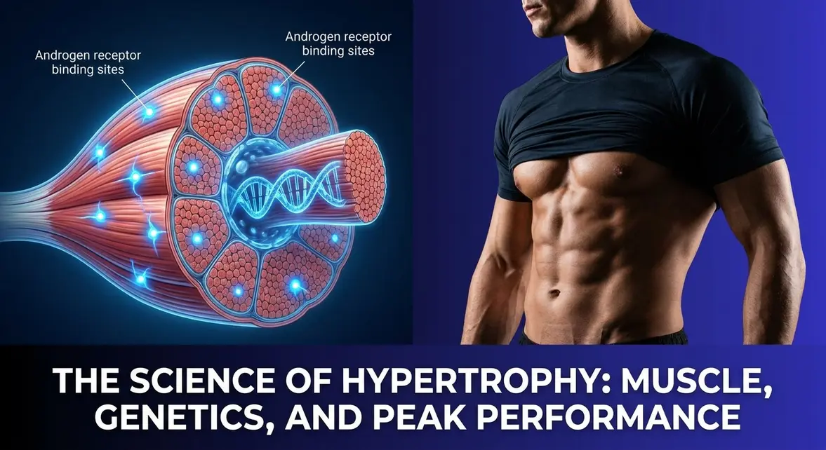 Testosterone muscle growth science diagram showing androgen receptor binding in muscle fiber cells