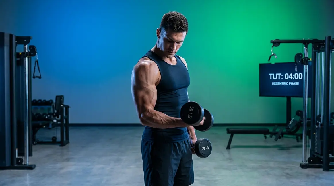 Athlete performing slow controlled bicep curl demonstrating time under tension for muscle growth