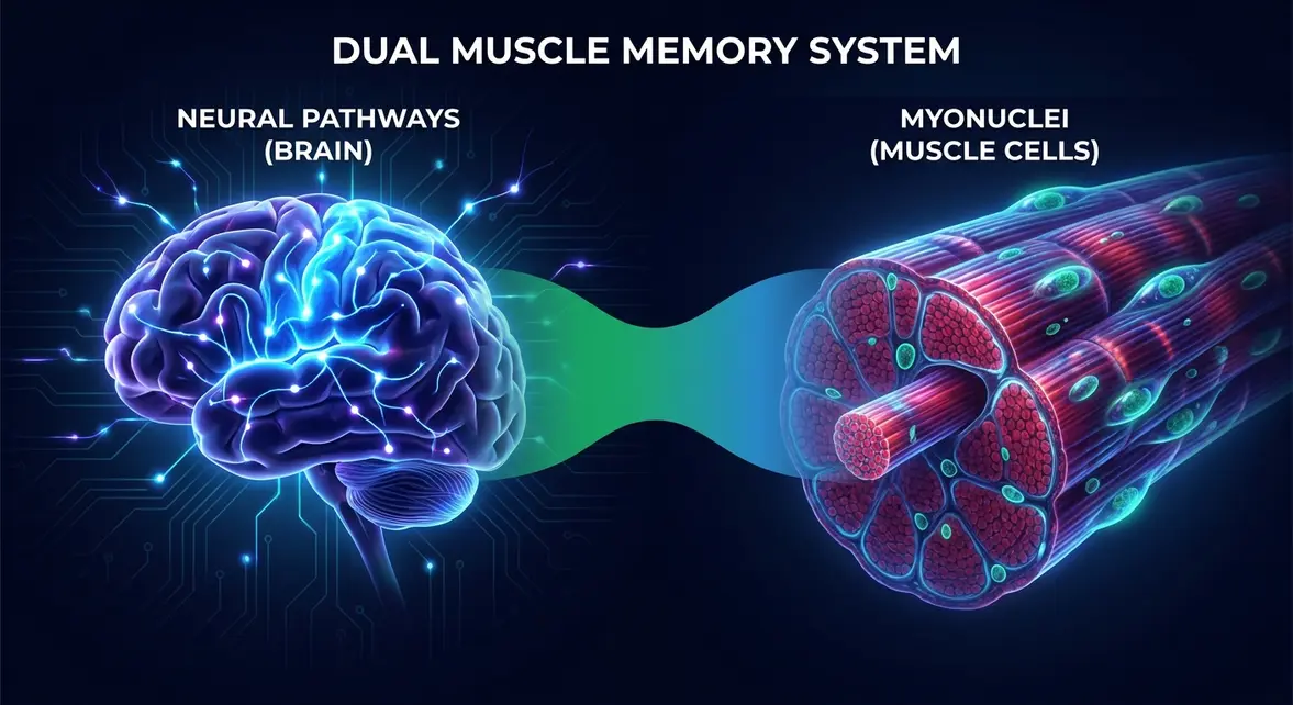 What is muscle memory — brain neural pathways and muscle cell myonuclei dual system diagram